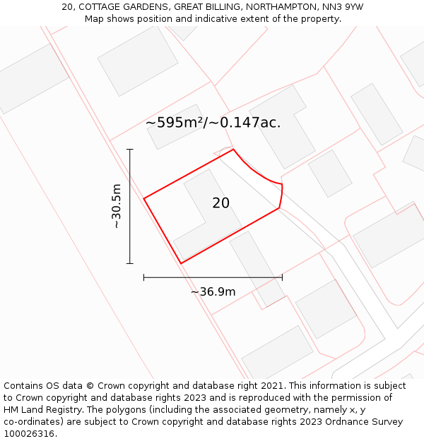 20, COTTAGE GARDENS, GREAT BILLING, NORTHAMPTON, NN3 9YW: Plot and title map