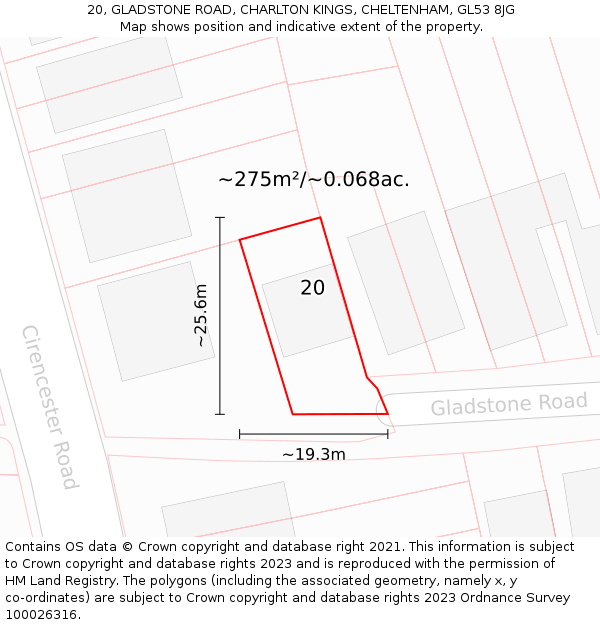 20, GLADSTONE ROAD, CHARLTON KINGS, CHELTENHAM, GL53 8JG: Plot and title map