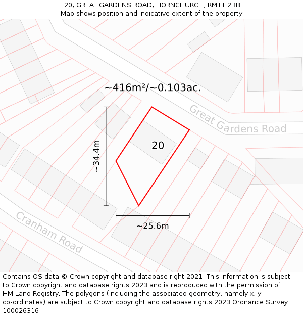 20, GREAT GARDENS ROAD, HORNCHURCH, RM11 2BB: Plot and title map