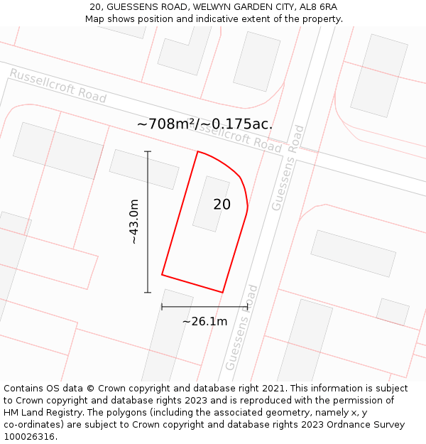 20, GUESSENS ROAD, WELWYN GARDEN CITY, AL8 6RA: Plot and title map