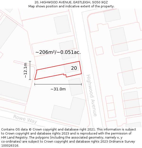 20, HIGHWOOD AVENUE, EASTLEIGH, SO50 9QZ: Plot and title map