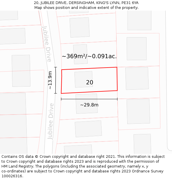 20, JUBILEE DRIVE, DERSINGHAM, KING'S LYNN, PE31 6YA: Plot and title map