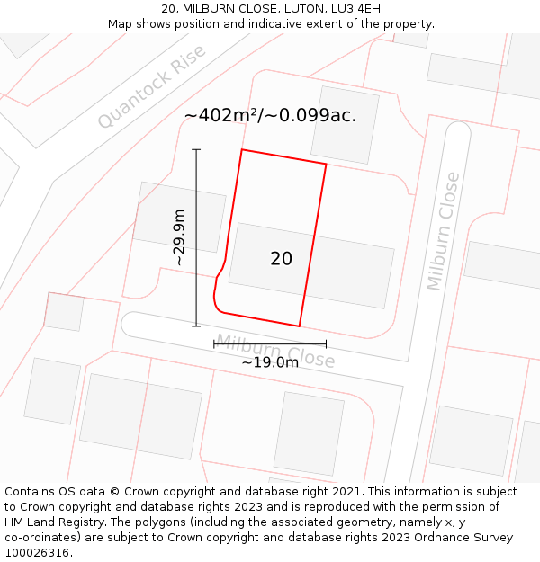 20, MILBURN CLOSE, LUTON, LU3 4EH: Plot and title map