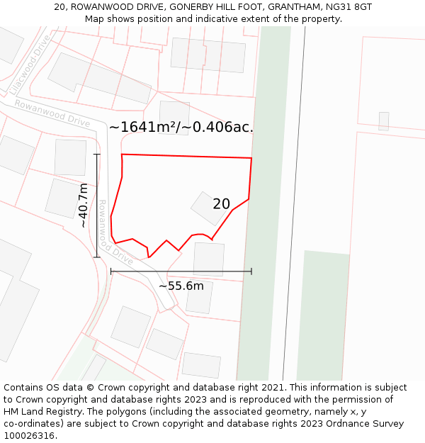 20, ROWANWOOD DRIVE, GONERBY HILL FOOT, GRANTHAM, NG31 8GT: Plot and title map