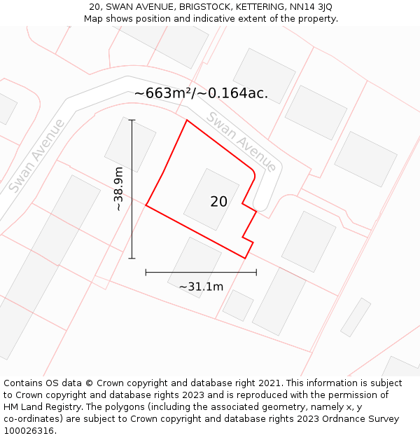 20, SWAN AVENUE, BRIGSTOCK, KETTERING, NN14 3JQ: Plot and title map