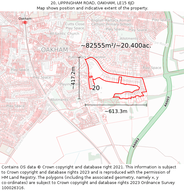 20, UPPINGHAM ROAD, OAKHAM, LE15 6JD: Plot and title map