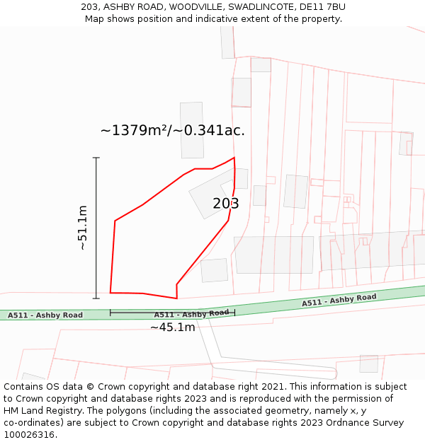 203, ASHBY ROAD, WOODVILLE, SWADLINCOTE, DE11 7BU: Plot and title map