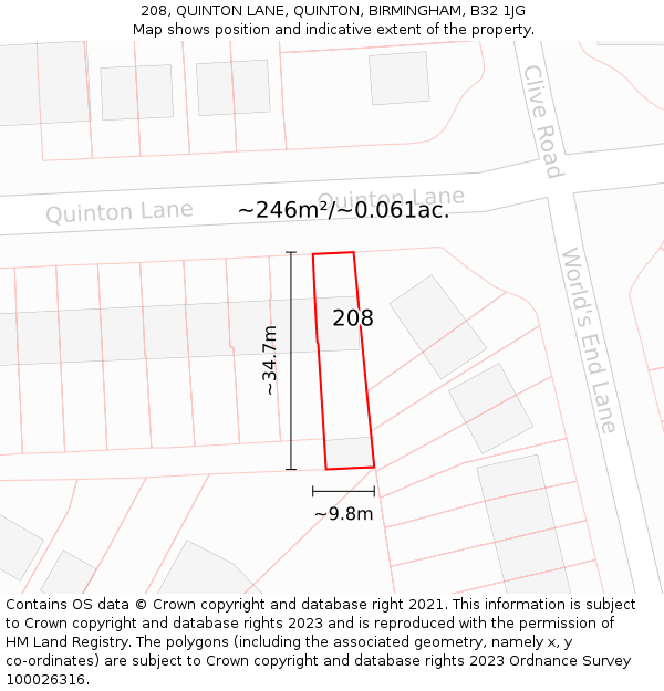 208, QUINTON LANE, QUINTON, BIRMINGHAM, B32 1JG: Plot and title map