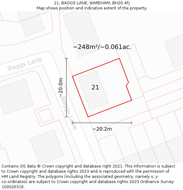 21, BAGGS LANE, WAREHAM, BH20 4FJ: Plot and title map