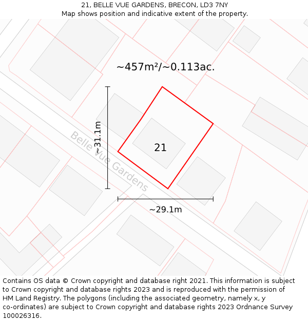 21, BELLE VUE GARDENS, BRECON, LD3 7NY: Plot and title map