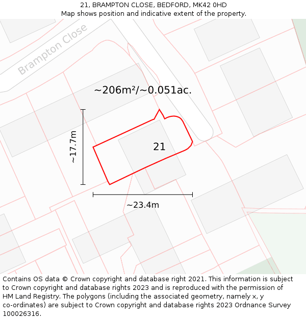 21, BRAMPTON CLOSE, BEDFORD, MK42 0HD: Plot and title map