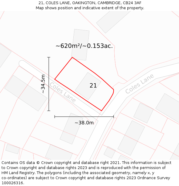 21, COLES LANE, OAKINGTON, CAMBRIDGE, CB24 3AF: Plot and title map