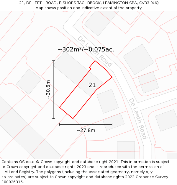 21, DE LEETH ROAD, BISHOPS TACHBROOK, LEAMINGTON SPA, CV33 9UQ: Plot and title map