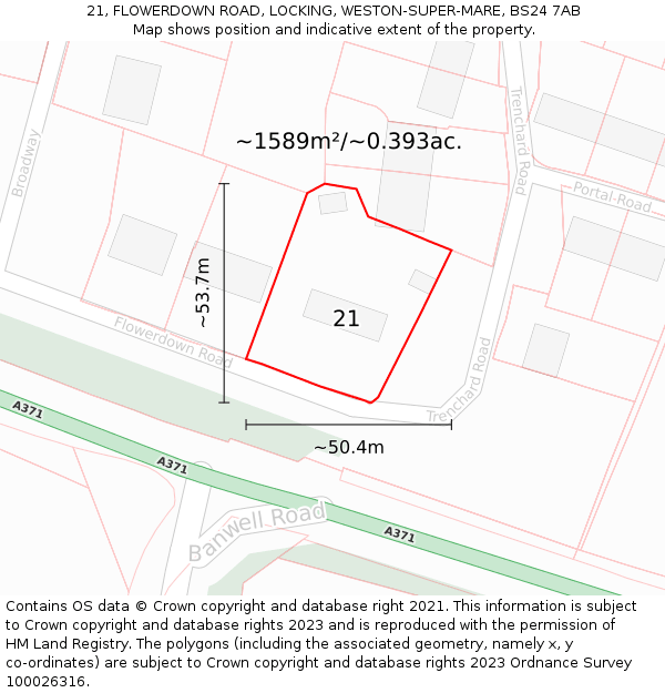 21, FLOWERDOWN ROAD, LOCKING, WESTON-SUPER-MARE, BS24 7AB: Plot and title map