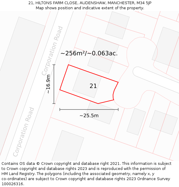 21, HILTONS FARM CLOSE, AUDENSHAW, MANCHESTER, M34 5JP: Plot and title map