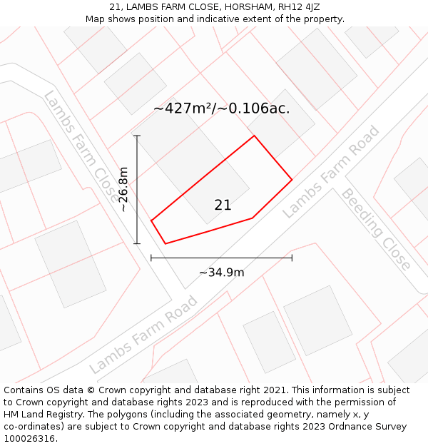 21, LAMBS FARM CLOSE, HORSHAM, RH12 4JZ: Plot and title map