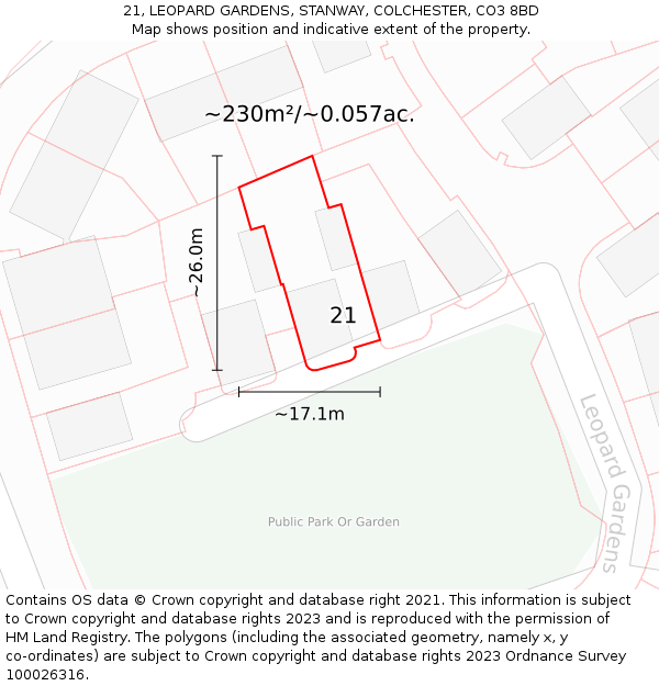 21, LEOPARD GARDENS, STANWAY, COLCHESTER, CO3 8BD: Plot and title map
