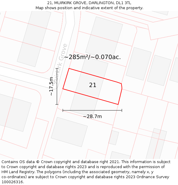 21, MUIRKIRK GROVE, DARLINGTON, DL1 3TL: Plot and title map