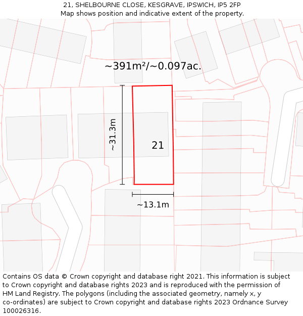 21, SHELBOURNE CLOSE, KESGRAVE, IPSWICH, IP5 2FP: Plot and title map