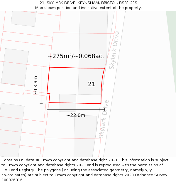 21, SKYLARK DRIVE, KEYNSHAM, BRISTOL, BS31 2FS: Plot and title map