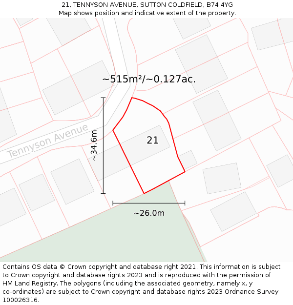 21, TENNYSON AVENUE, SUTTON COLDFIELD, B74 4YG: Plot and title map