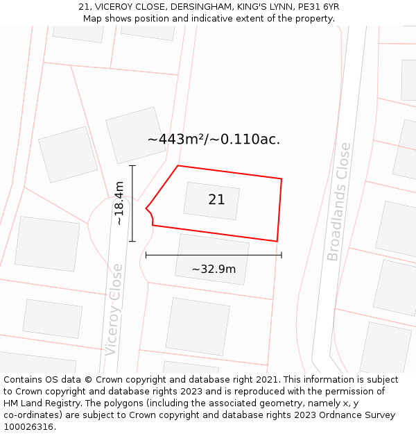 21, VICEROY CLOSE, DERSINGHAM, KING'S LYNN, PE31 6YR: Plot and title map