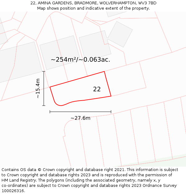 22, AMINA GARDENS, BRADMORE, WOLVERHAMPTON, WV3 7BD: Plot and title map