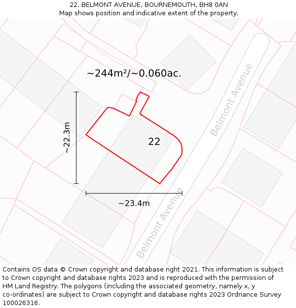 22, BELMONT AVENUE, BOURNEMOUTH, BH8 0AN: Plot and title map