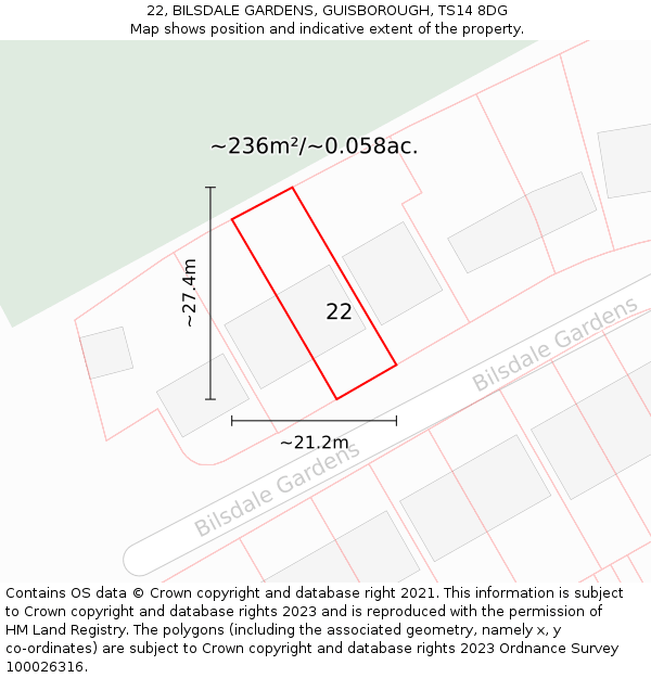 22, BILSDALE GARDENS, GUISBOROUGH, TS14 8DG: Plot and title map