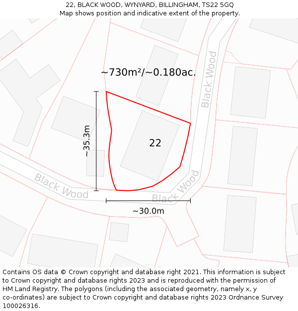 22, BLACK WOOD, WYNYARD, BILLINGHAM, TS22 5GQ: Plot and title map