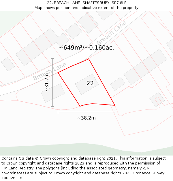 22, BREACH LANE, SHAFTESBURY, SP7 8LE: Plot and title map