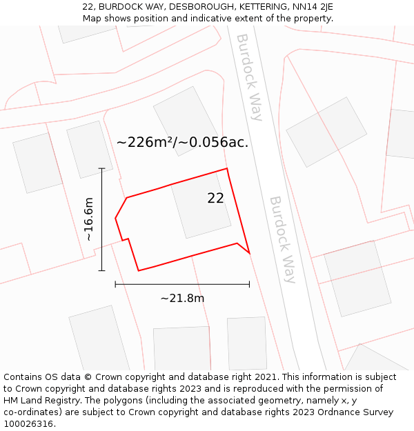 22, BURDOCK WAY, DESBOROUGH, KETTERING, NN14 2JE: Plot and title map