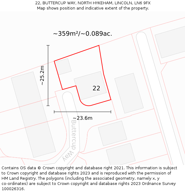 22, BUTTERCUP WAY, NORTH HYKEHAM, LINCOLN, LN6 9FX: Plot and title map