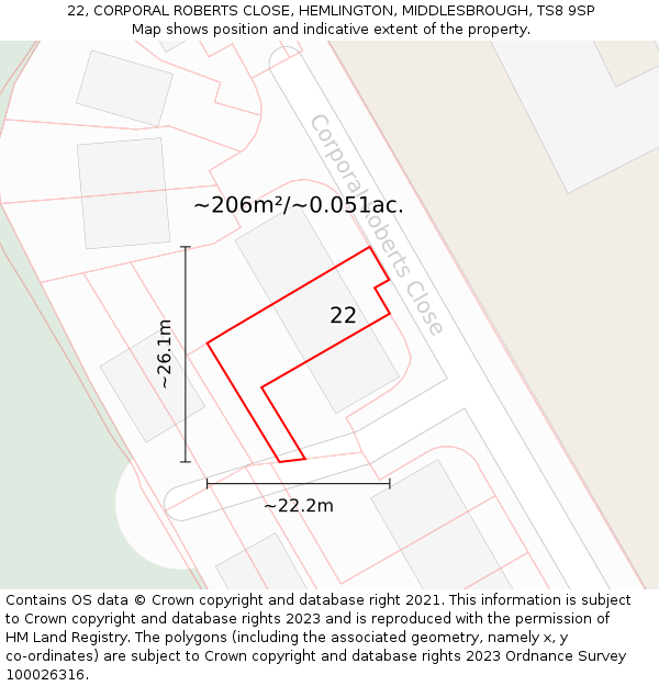 22, CORPORAL ROBERTS CLOSE, HEMLINGTON, MIDDLESBROUGH, TS8 9SP: Plot and title map