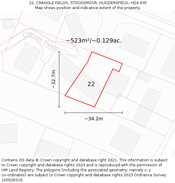 22, CRANGLE FIELDS, STOCKSMOOR, HUDDERSFIELD, HD4 6YE: Plot and title map