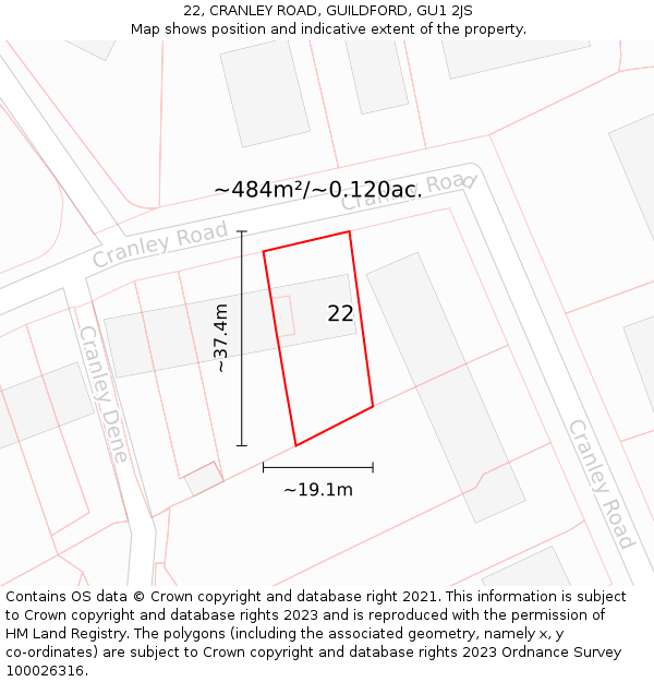 22, CRANLEY ROAD, GUILDFORD, GU1 2JS: Plot and title map