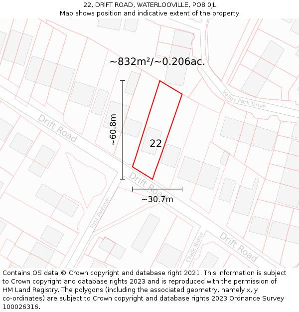 22, DRIFT ROAD, WATERLOOVILLE, PO8 0JL: Plot and title map