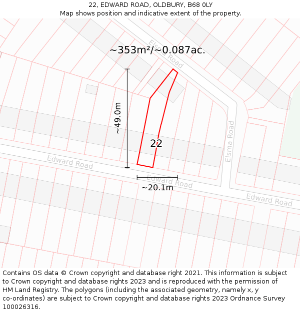 22, EDWARD ROAD, OLDBURY, B68 0LY: Plot and title map