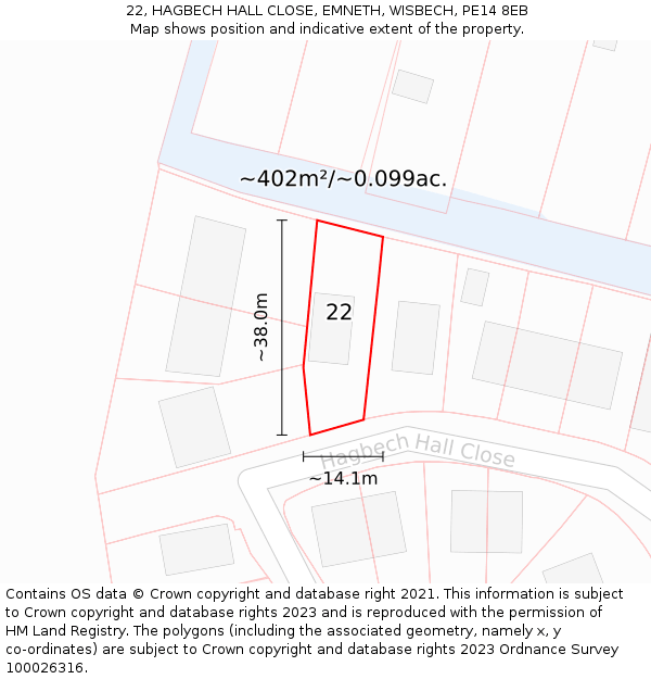 22, HAGBECH HALL CLOSE, EMNETH, WISBECH, PE14 8EB: Plot and title map