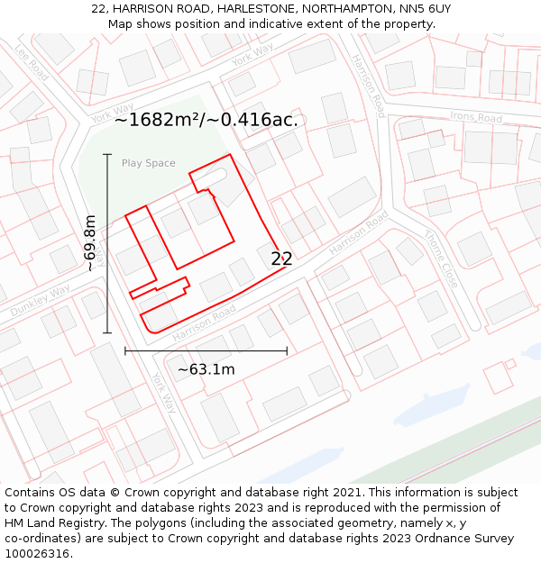 22, HARRISON ROAD, HARLESTONE, NORTHAMPTON, NN5 6UY: Plot and title map