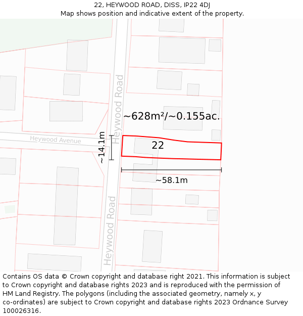 22, HEYWOOD ROAD, DISS, IP22 4DJ: Plot and title map