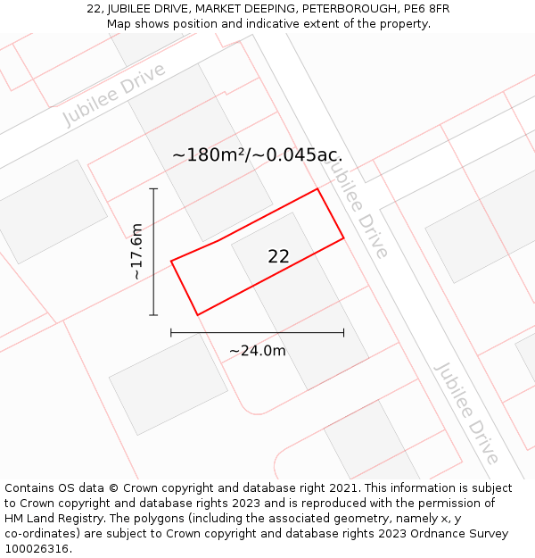 22, JUBILEE DRIVE, MARKET DEEPING, PETERBOROUGH, PE6 8FR: Plot and title map