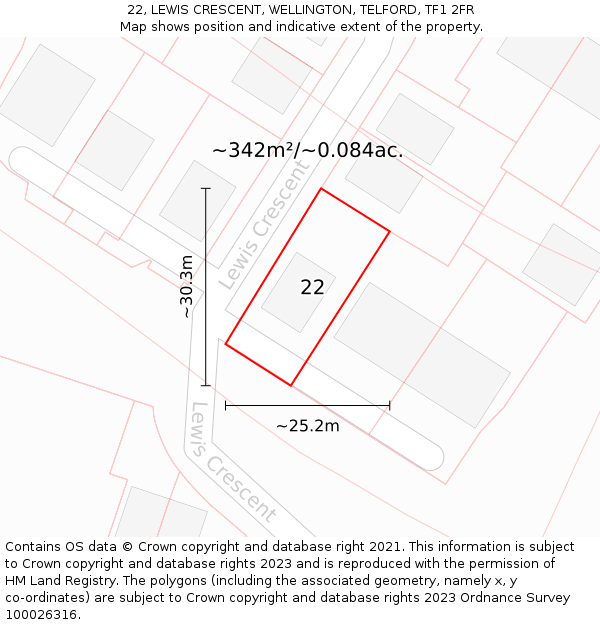 22, LEWIS CRESCENT, WELLINGTON, TELFORD, TF1 2FR: Plot and title map