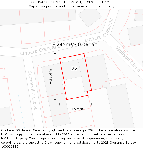 22, LINACRE CRESCENT, SYSTON, LEICESTER, LE7 2FB: Plot and title map