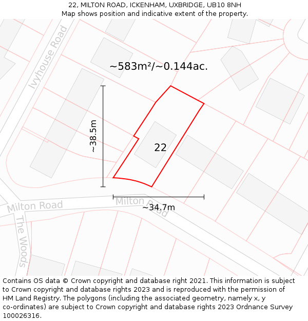 22, MILTON ROAD, ICKENHAM, UXBRIDGE, UB10 8NH: Plot and title map