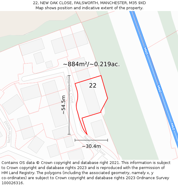 22, NEW OAK CLOSE, FAILSWORTH, MANCHESTER, M35 9XD: Plot and title map