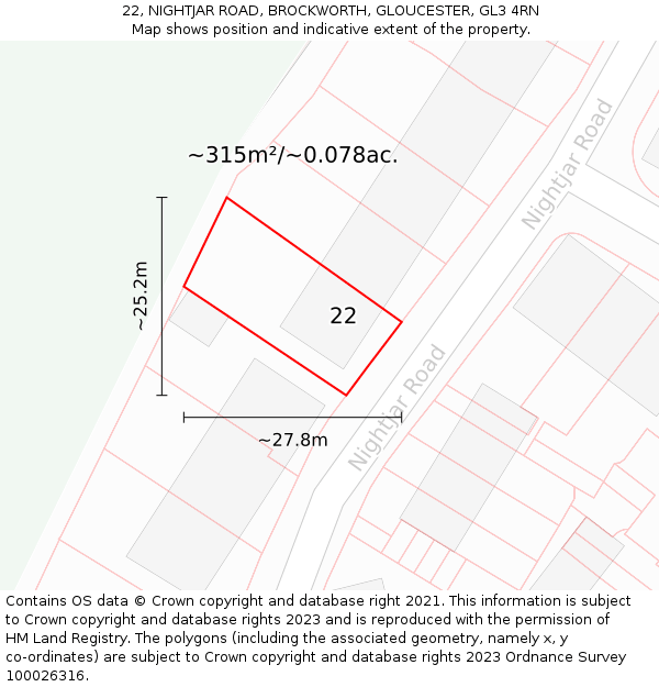 22, NIGHTJAR ROAD, BROCKWORTH, GLOUCESTER, GL3 4RN: Plot and title map