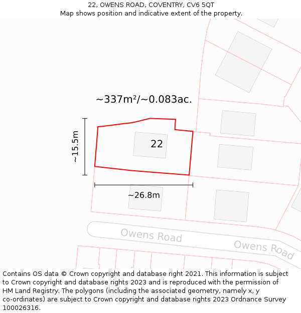 22, OWENS ROAD, COVENTRY, CV6 5QT: Plot and title map