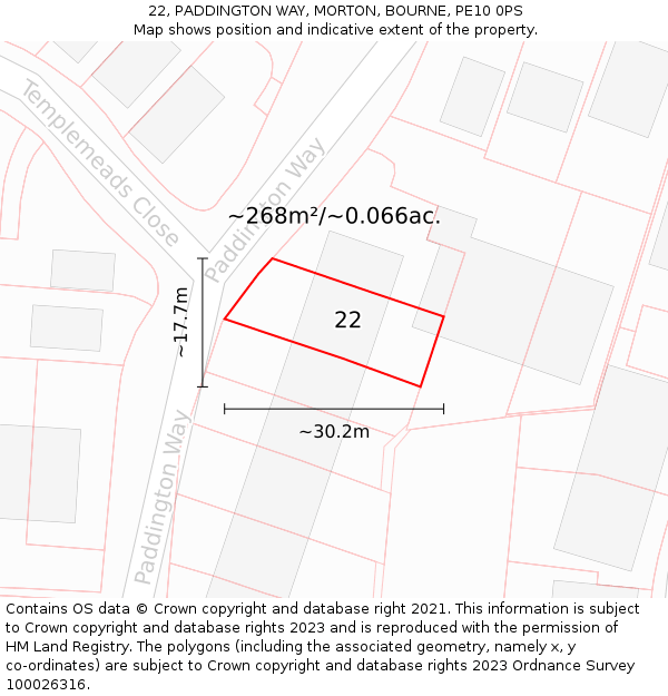 22, PADDINGTON WAY, MORTON, BOURNE, PE10 0PS: Plot and title map