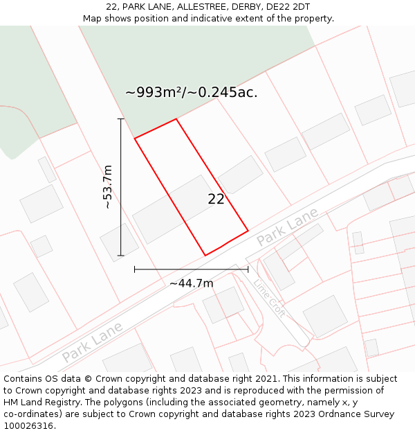 22, PARK LANE, ALLESTREE, DERBY, DE22 2DT: Plot and title map